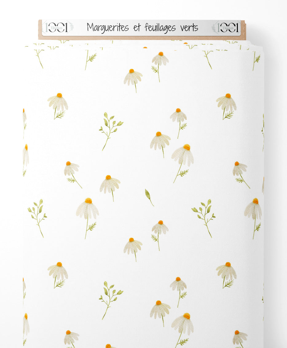Tissu - Marguerites et feuillages verts