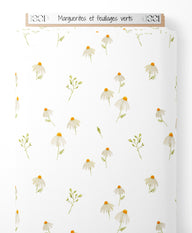 Tissu - Marguerites et feuillages verts
