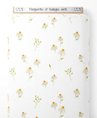Tissu - Marguerites et feuillages verts