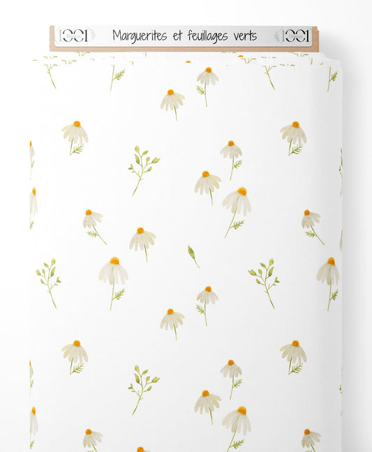 Tissu - Marguerites et feuillages verts