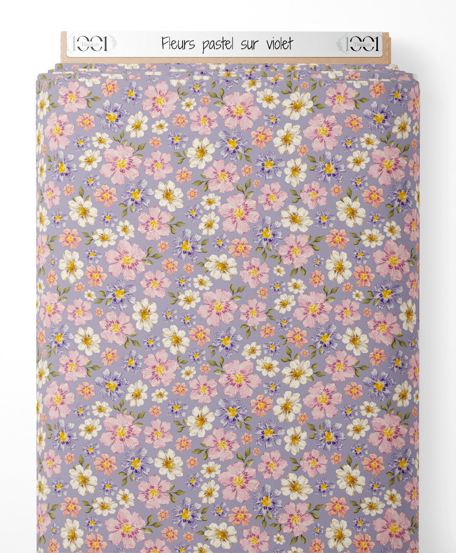 Tissu - Fleurs pastel sur violet