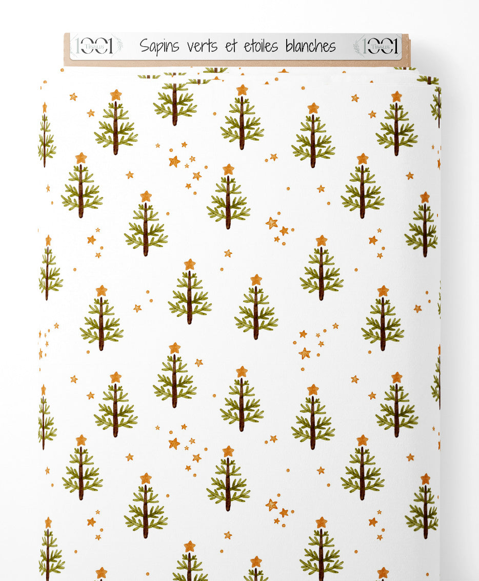 Tissu - Sapins verts et étoiles blanches