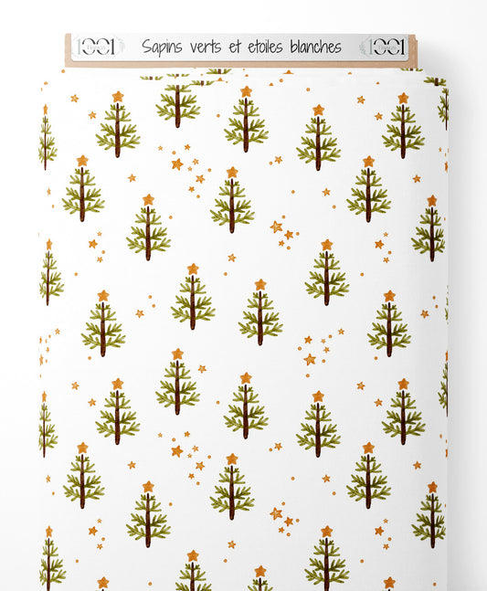 Tissu - Sapins verts et étoiles blanches