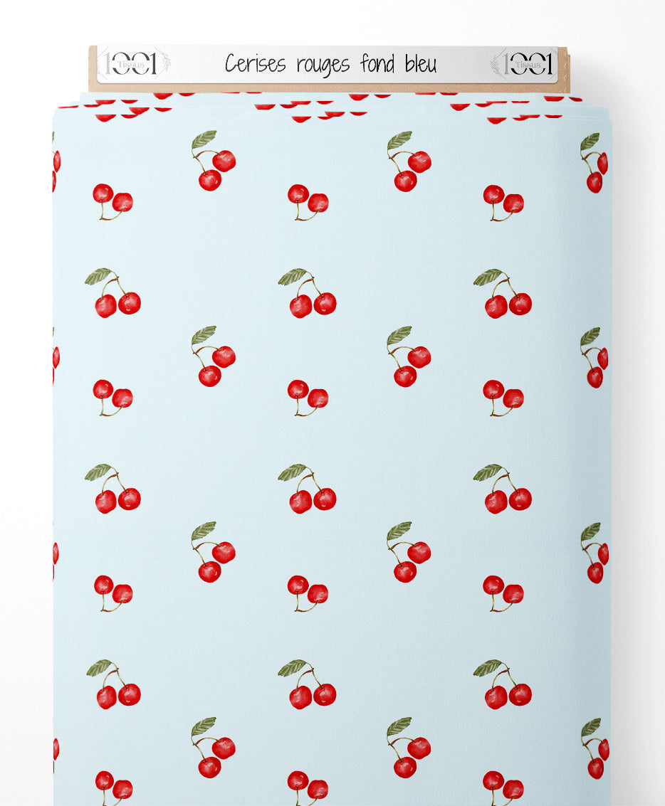 Tissu - Cerises rouges sur fond bleu