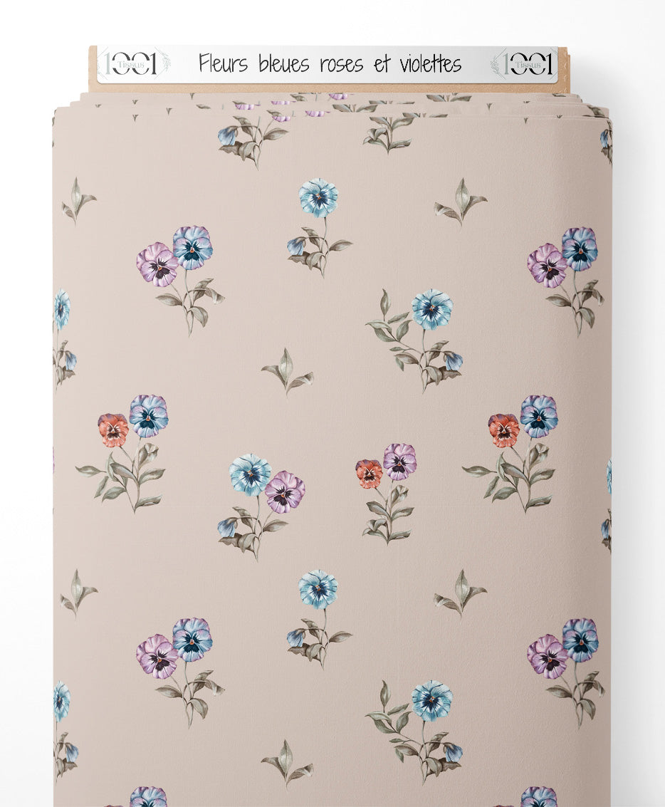Tissu - Fleurs bleues, roses et violettes