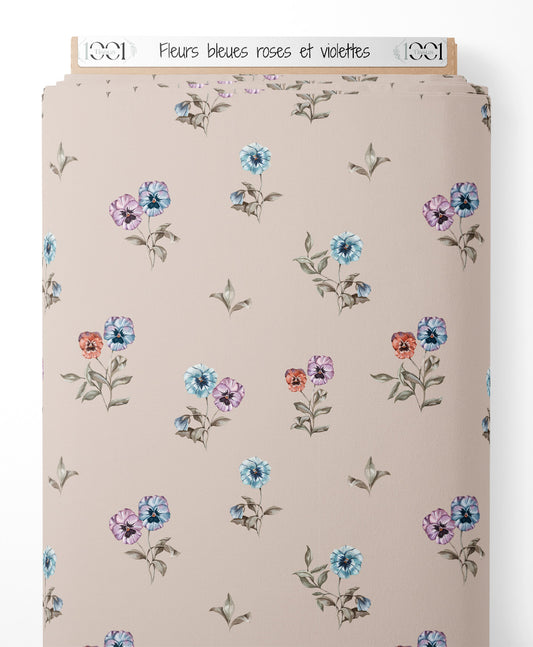 Tissu - Fleurs bleues, roses et violettes