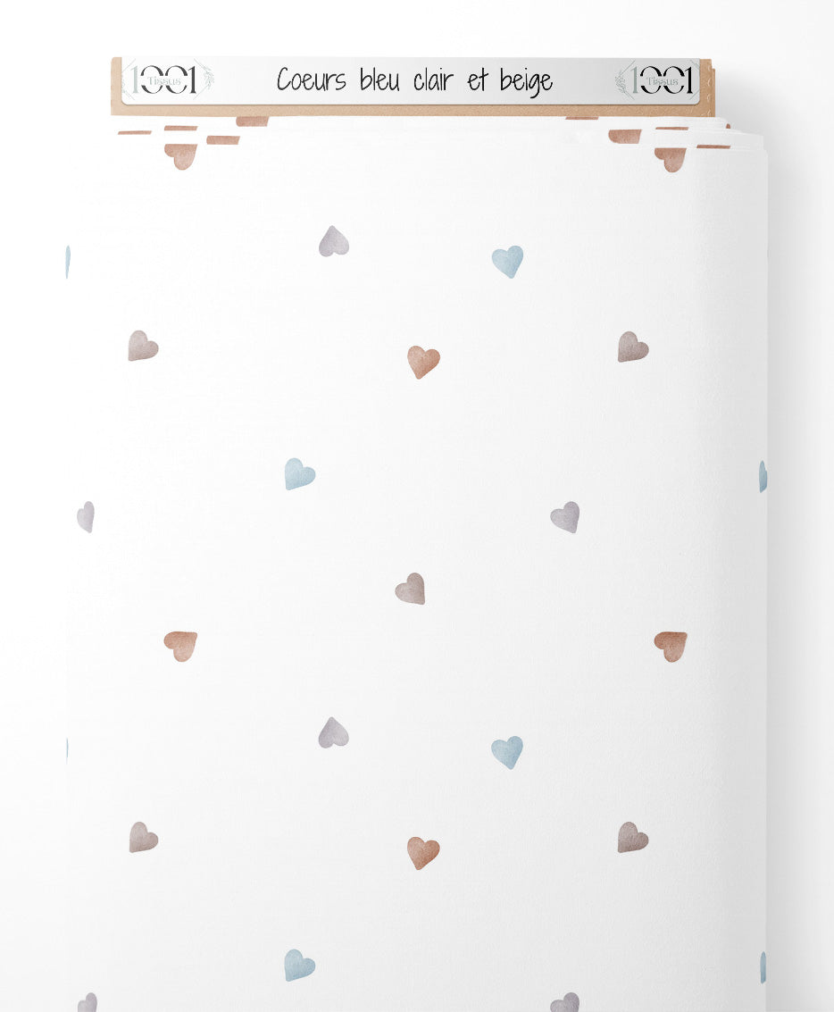 Tissu - Cœurs bleu clair et beige