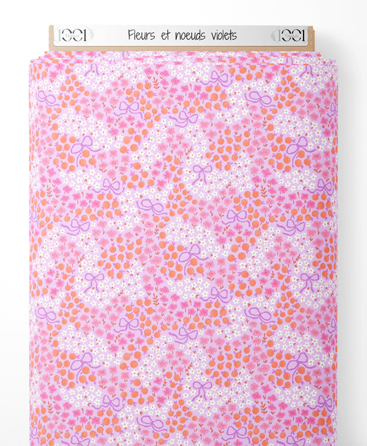 Tissu - Fleurs et nœuds violets