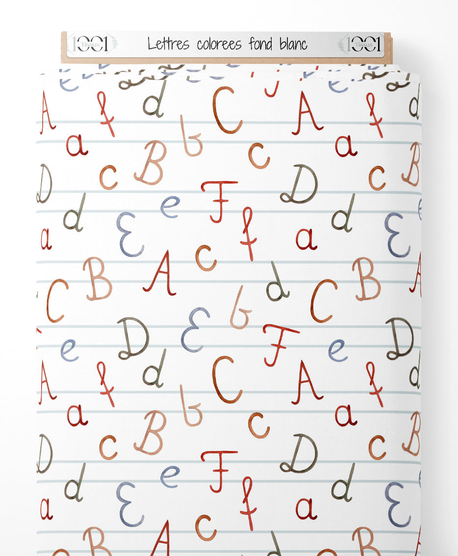 Tissu - Lettres colorées sur fond blanc