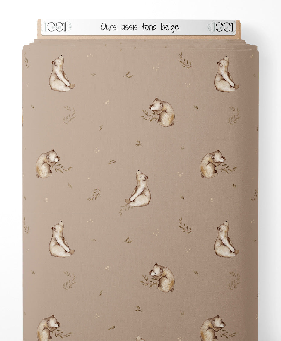 Tissu - Ours assis fond beige