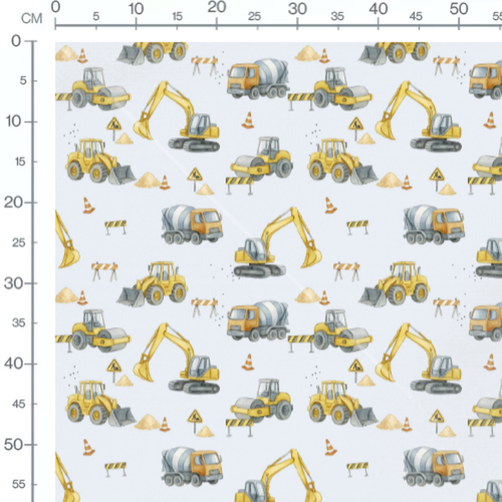 Tissu - Engins jaunes et gris sur bleu