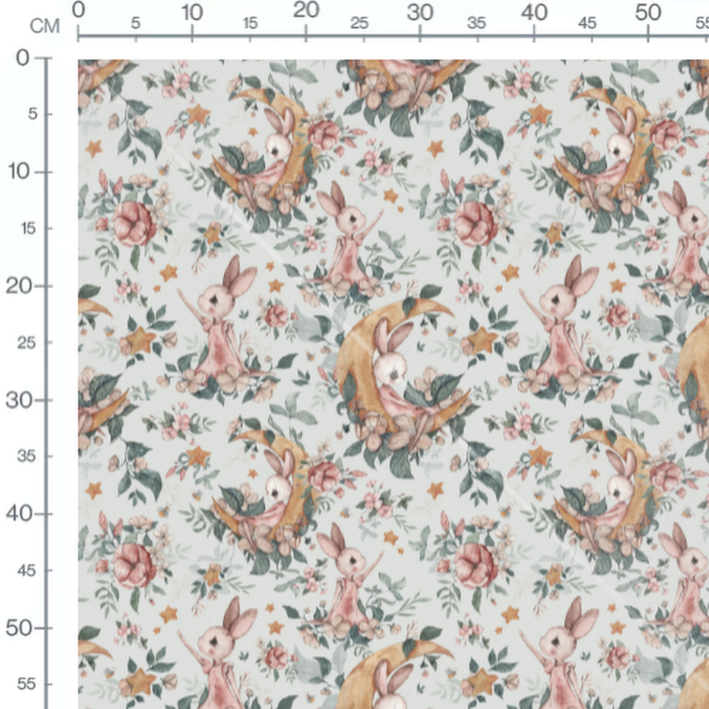 Tissu - Lapins roses et étoiles dorées