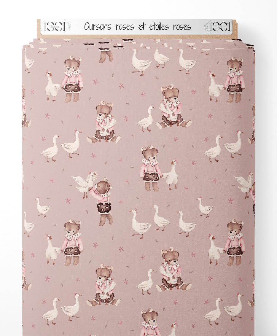 Tissu - Oursons roses et étoiles roses