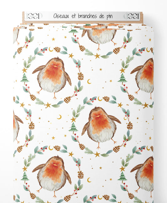 Tissu - Oiseaux et branches de pin