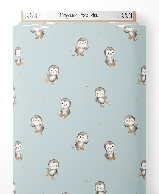 Tissu - Pingouins sur fond bleu