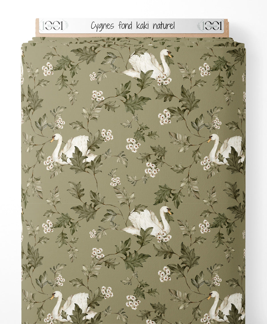 Tissu - Cygnes sur fond kaki naturel