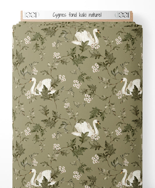 Tissu - Cygnes sur fond kaki naturel