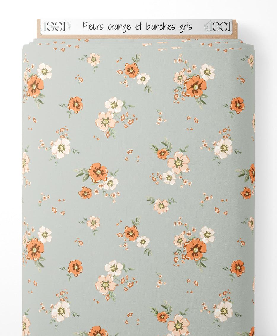 Tissu - Fleurs orange et blanches gris