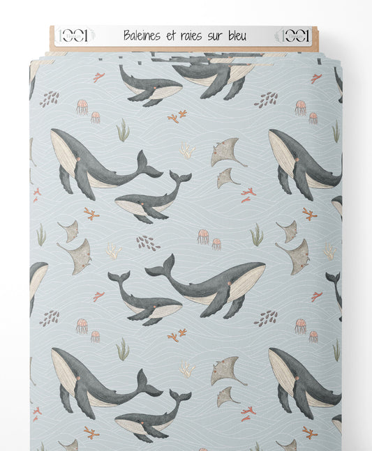 Tissu - Baleines et raies sur bleu