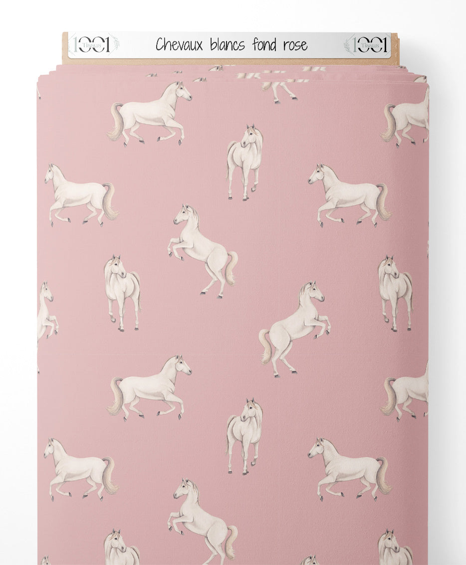 Tissu - Chevaux blancs sur fond rose