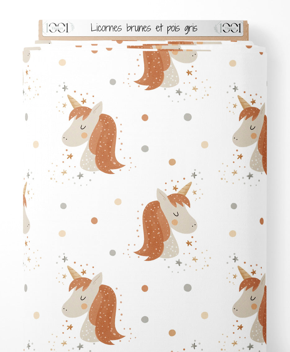 Tissu - Licornes brunes et pois gris