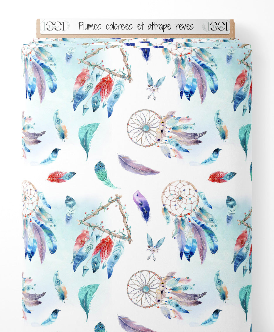 Tissu - Plumes colorées et attrape-rêves