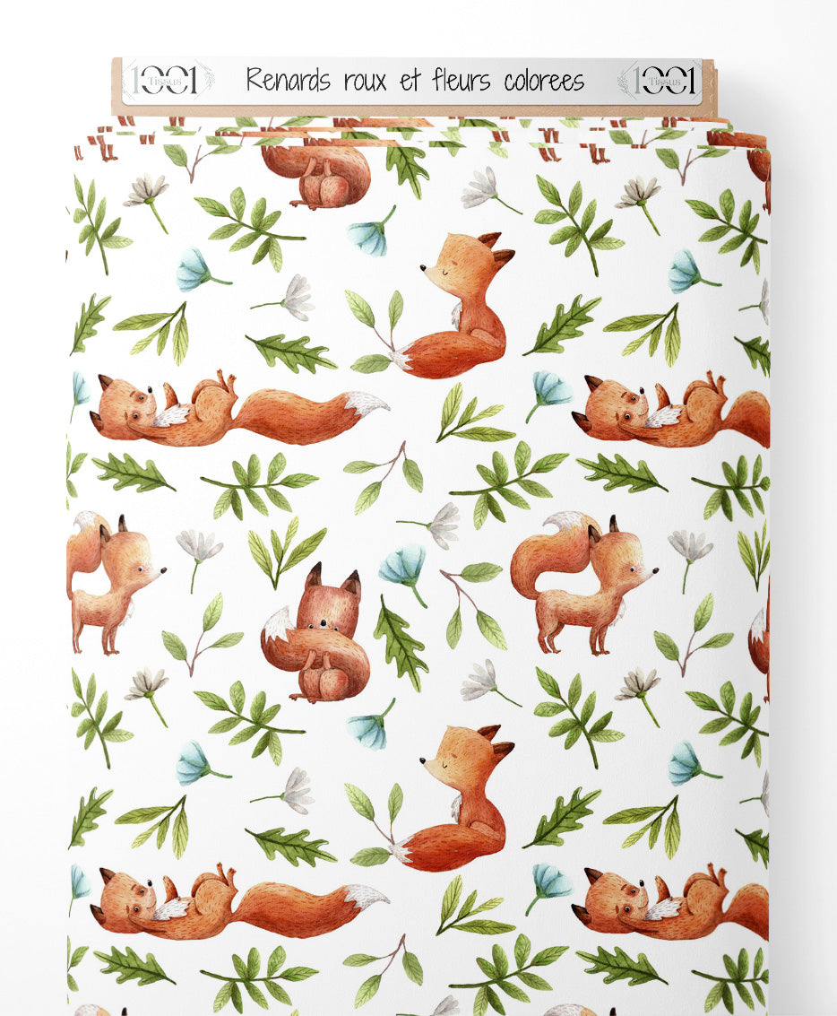 Tissu - Renards roux et fleurs colorées