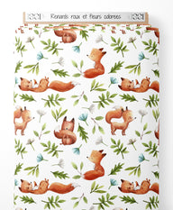 Tissu - Renards roux et fleurs colorées