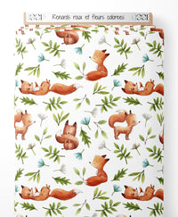 Tissu - Renards roux et fleurs colorées
