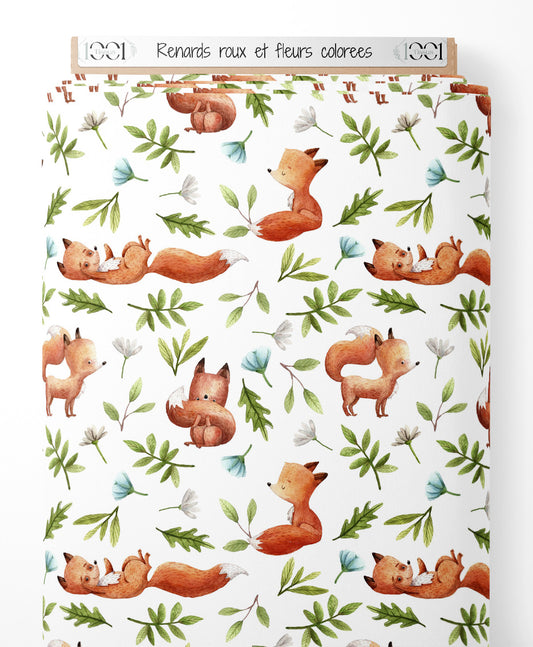 Tissu - Renards roux et fleurs colorées