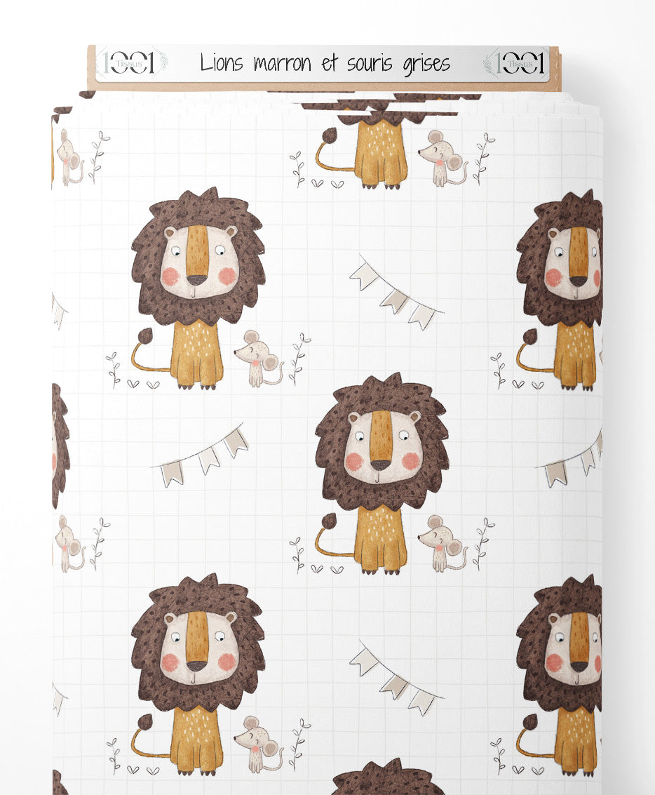 Tissu - Lions marron et souris grises