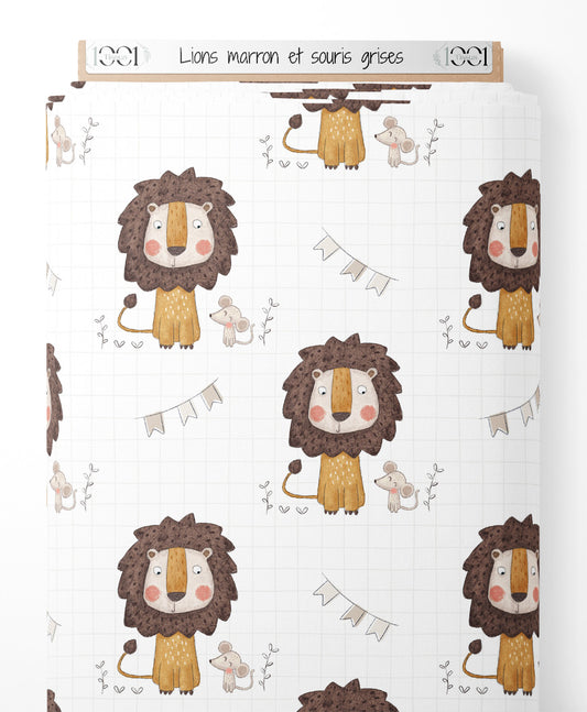 Tissu - Lions marron et souris grises