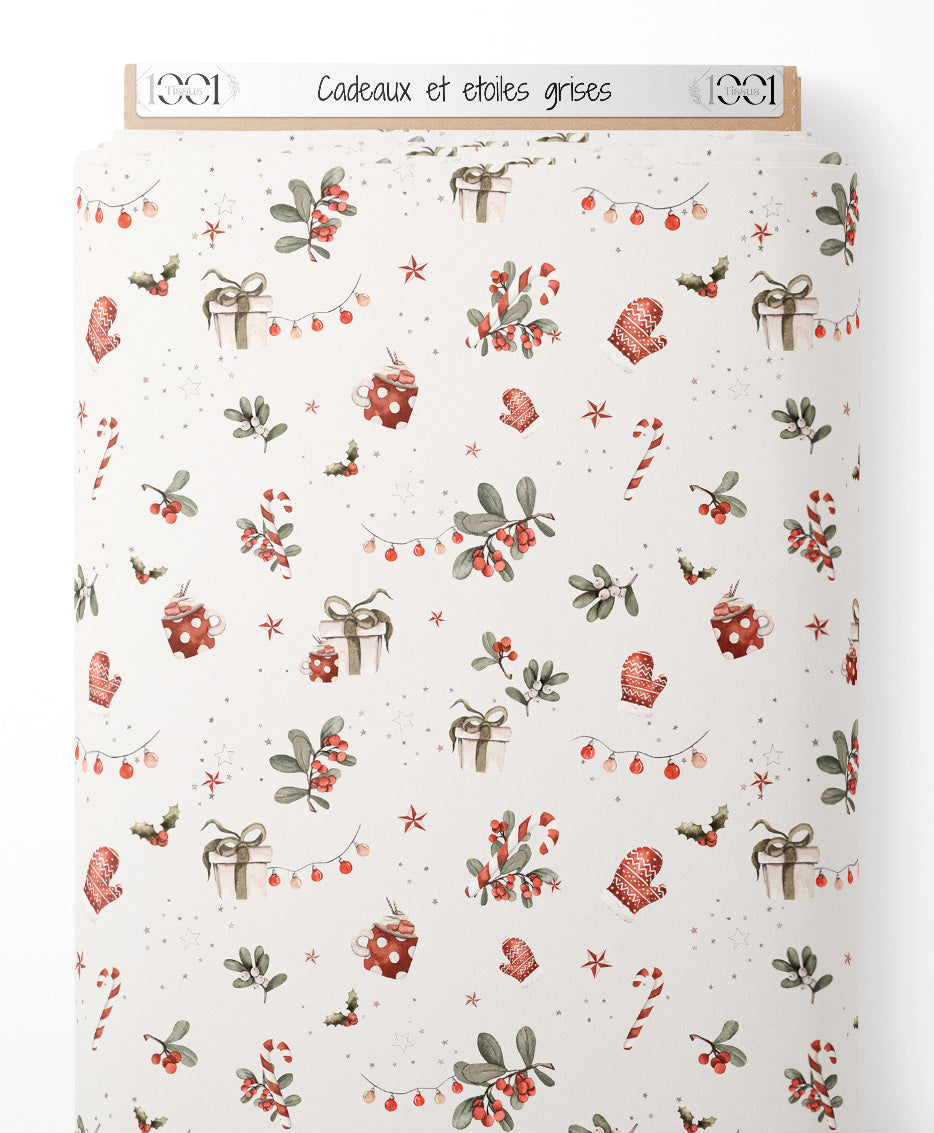 Tissu - Cadeaux et étoiles grises