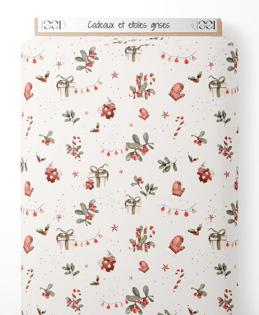Tissu - Cadeaux et étoiles grises