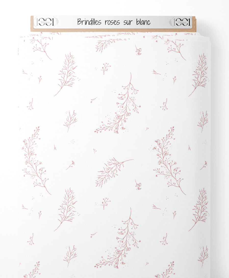 Tissu - Brindilles roses sur blanc