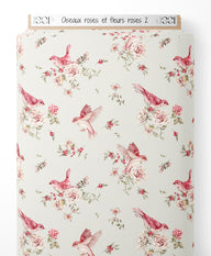 Tissu - Oiseaux roses et fleurs roses 2
