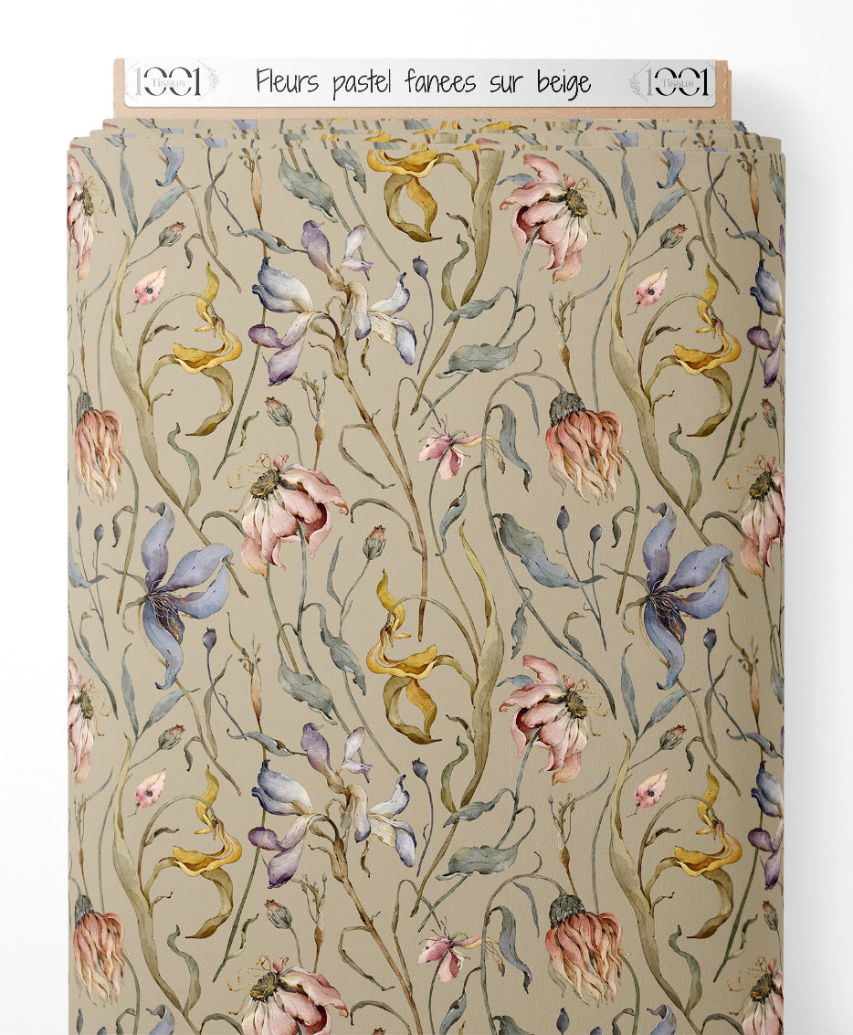 Tissu - Fleurs pastel fanées sur beige