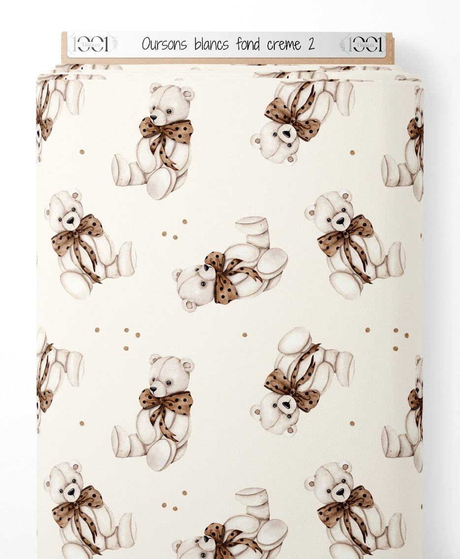 Tissu - Oursons blancs sur fond crème 2