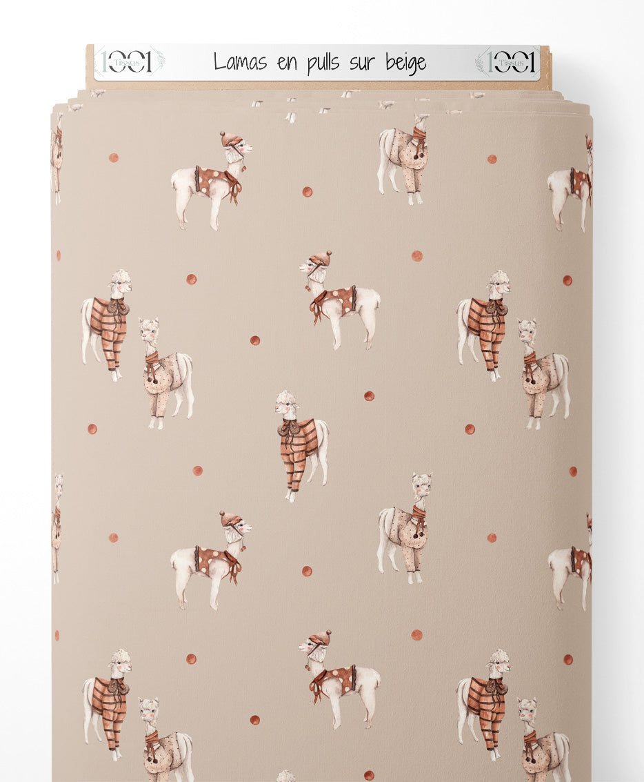 Tissu - Lamas en pulls sur beige