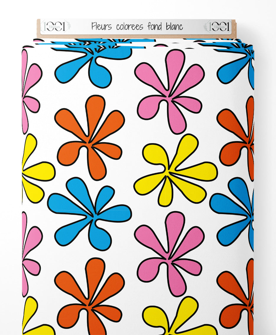Tissu - Fleurs colorées sur fond blanc