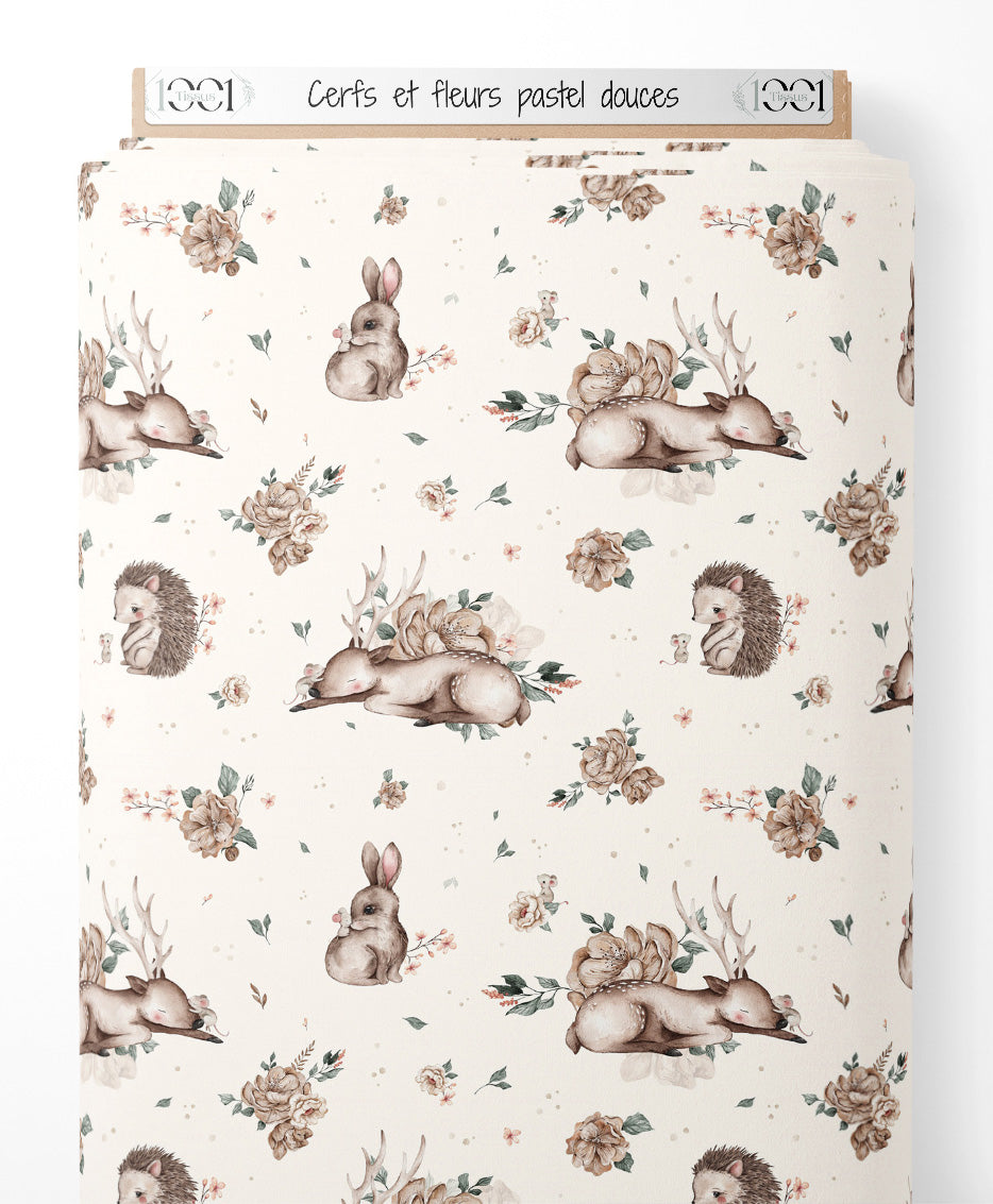 Tissu - Cerfs et fleurs pastel douces