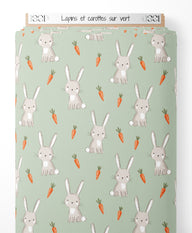 Tissu - Lapins et carottes sur vert