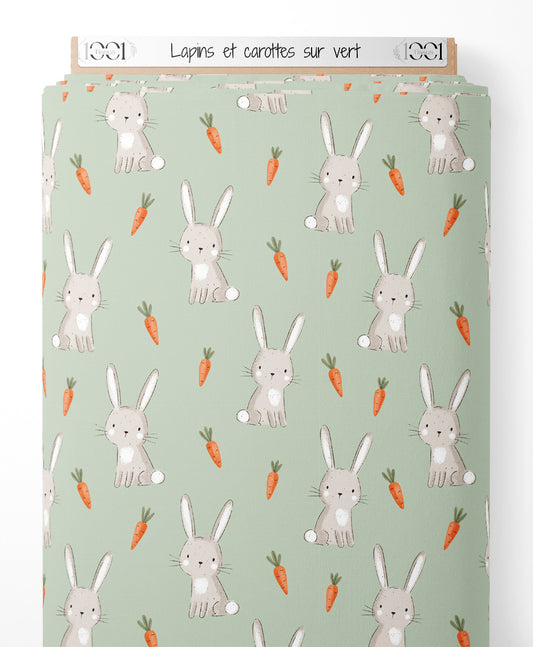 Tissu - Lapins et carottes sur vert