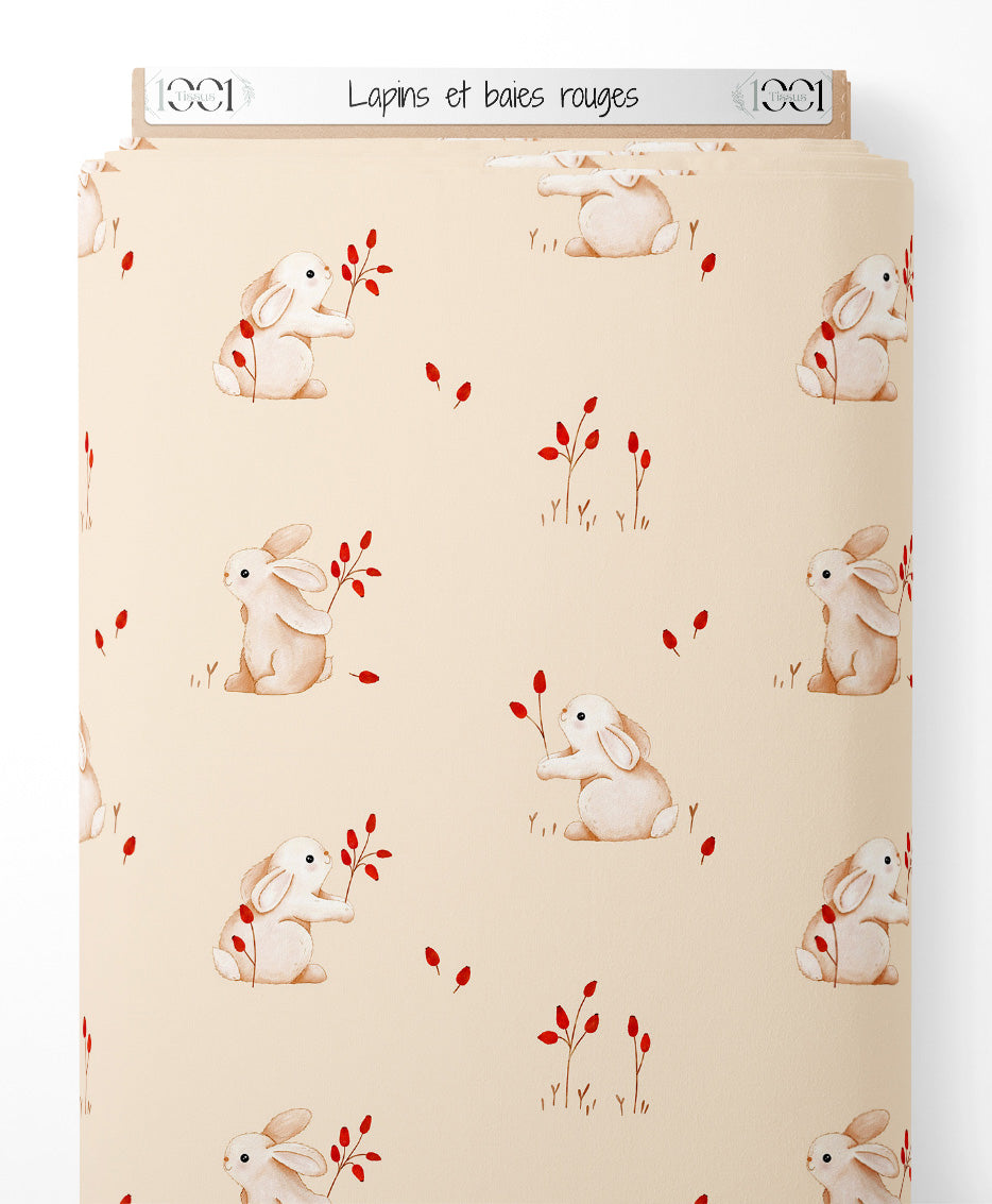 Tissu - Lapins et baies rouges