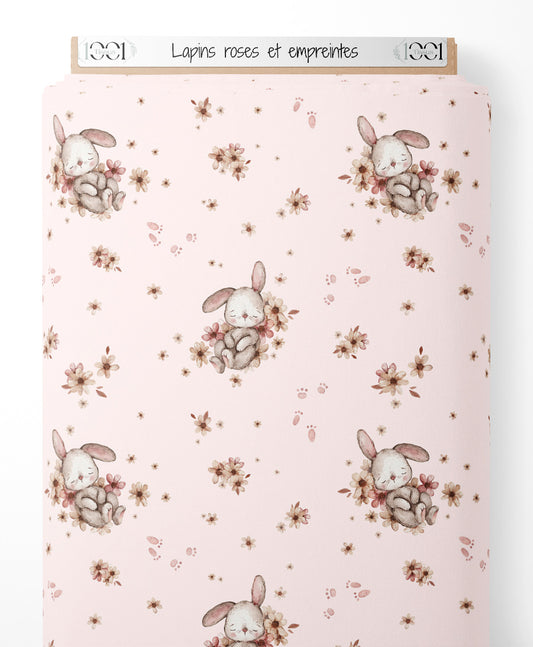 Tissu - Lapins roses et empreintes