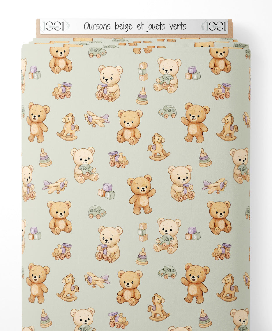 Tissu - Oursons beige et jouets verts