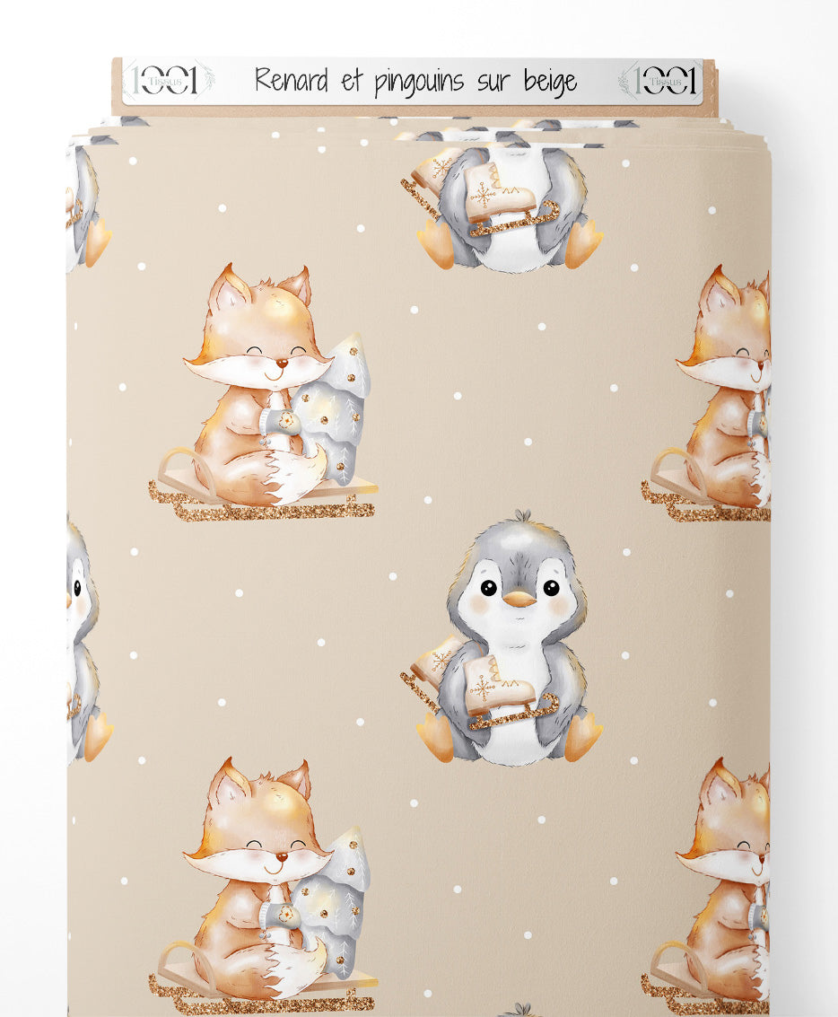 Tissu - Renard et pingouins sur beige