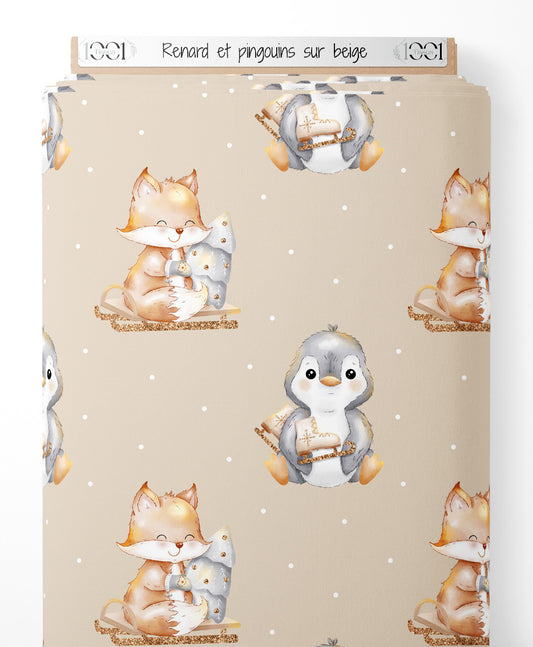 Tissu - Renard et pingouins sur beige