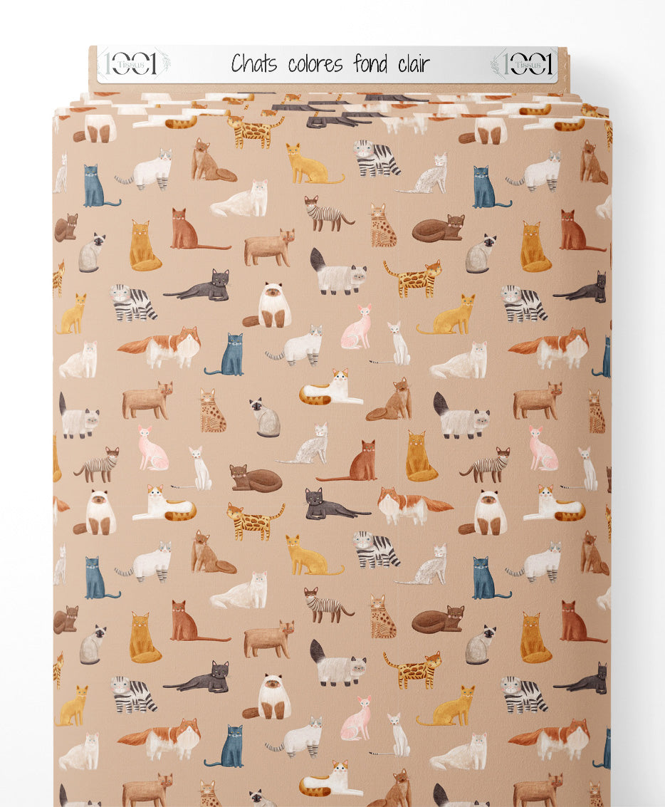 Tissu - Chats colorés sur fond clair