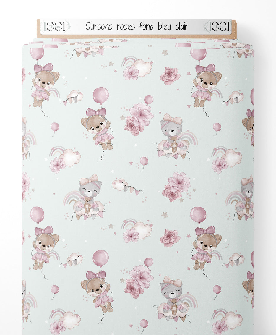 Tissu - Oursons roses sur fond bleu clair